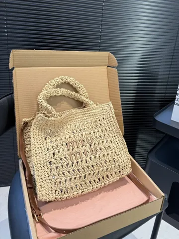 Miu Miu Crochet Raffia Tote Bag with Brown Leather Strap