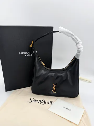 Saint Laurent Black Leather Hobo Bag with Gold Hardware