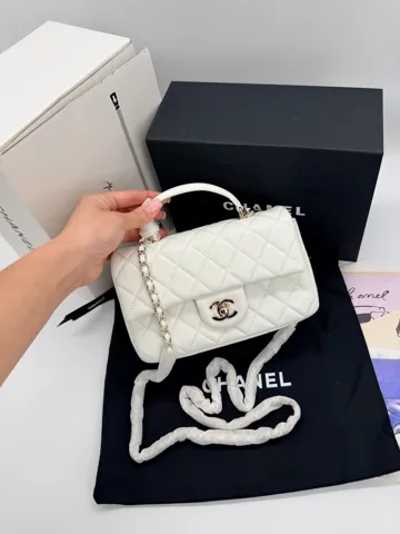 Chanel Classic Flap Top Handle White with Champagne Silver