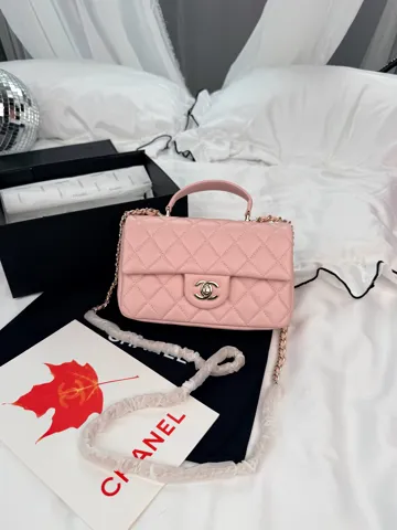Chanel Classic Flap Top Handle Pink with Champagne Silver