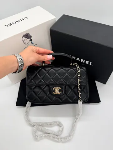 Chanel Classic Flap Top Handle Black with Champagne Silver