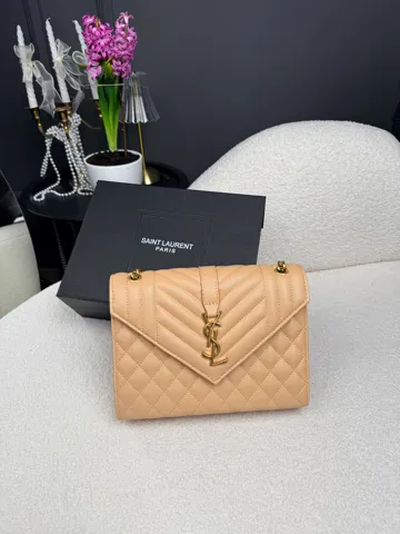 Saint Laurent Envelope Medium In Quilted Beige / Gold Leather