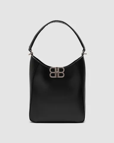 Balenciaga Soft Hobo Bag in Black Peach Calfskin, aged-silver hardware