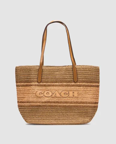 Coach City Tote Bag Leather-Trimmed Straw Honey Brown Multi