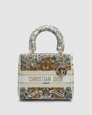 Dior Medium Lady D-Lite Bag Toile de Jouy Zodiac Embroidery Brown