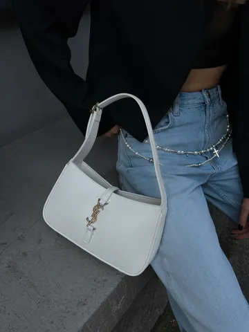Saint Laurent Hobo Le 5 A 7 Leather Shoulder Bag in White